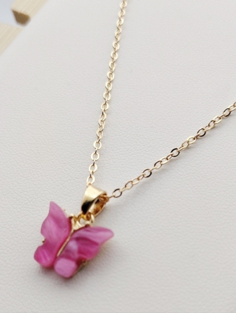 Gold Butterfly Pendant Necklace with Stone Charm In Fuschia